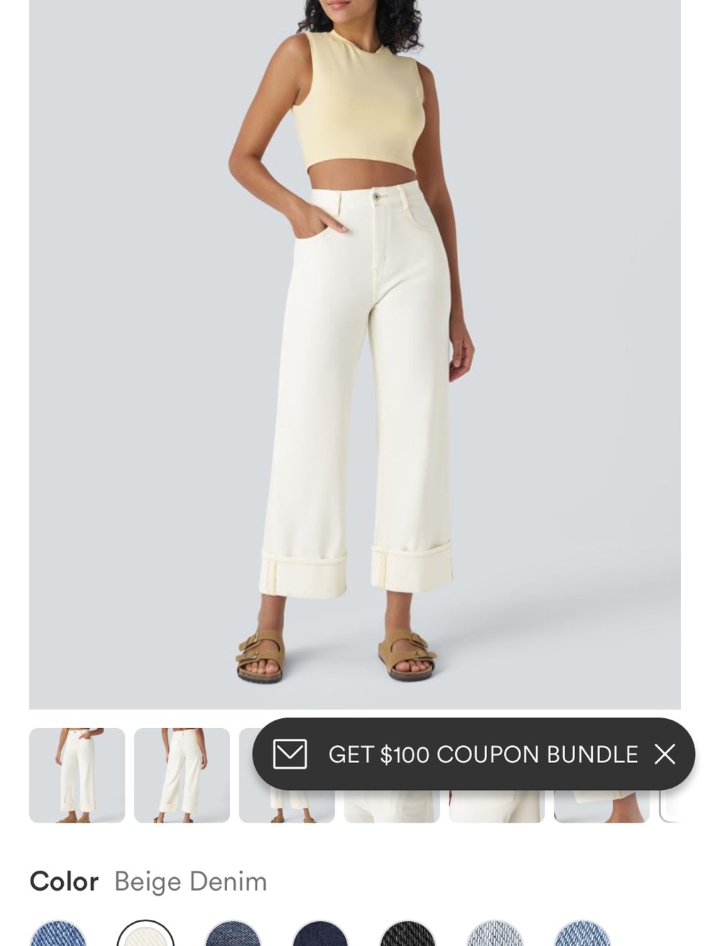 HALARA Cream Wide-Leg Cuffed Denim Pants